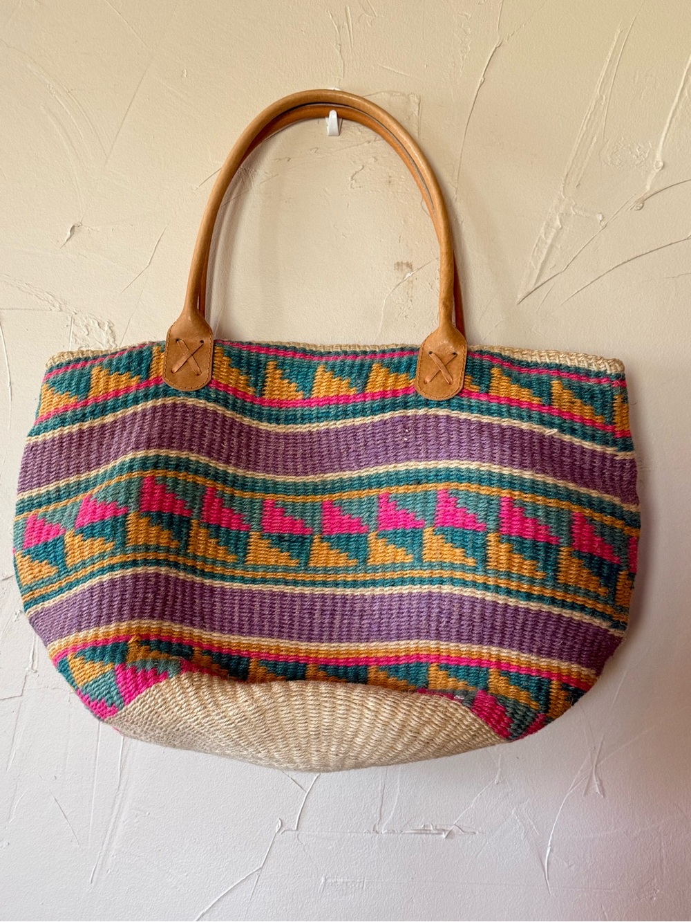 Woven Multicolor Straw Tote Bag with Leather Handles